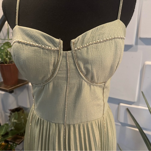 Anthropologie Green and gold Pleated Corset Dress - Picture 3 of 6